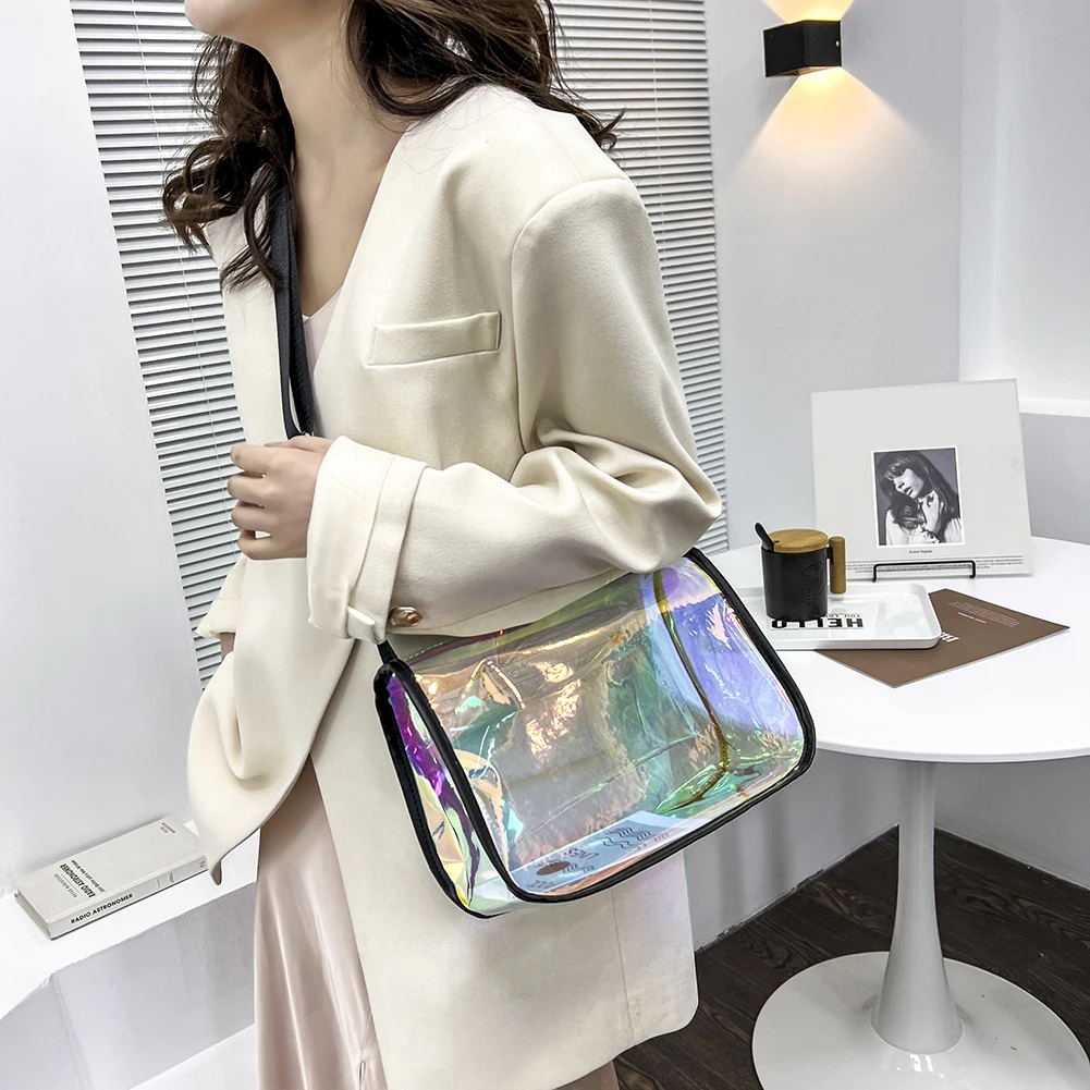 Bolsa de ombro transparente a laser para fêmea, PVC casual, zíper claro, bolsa crossbody