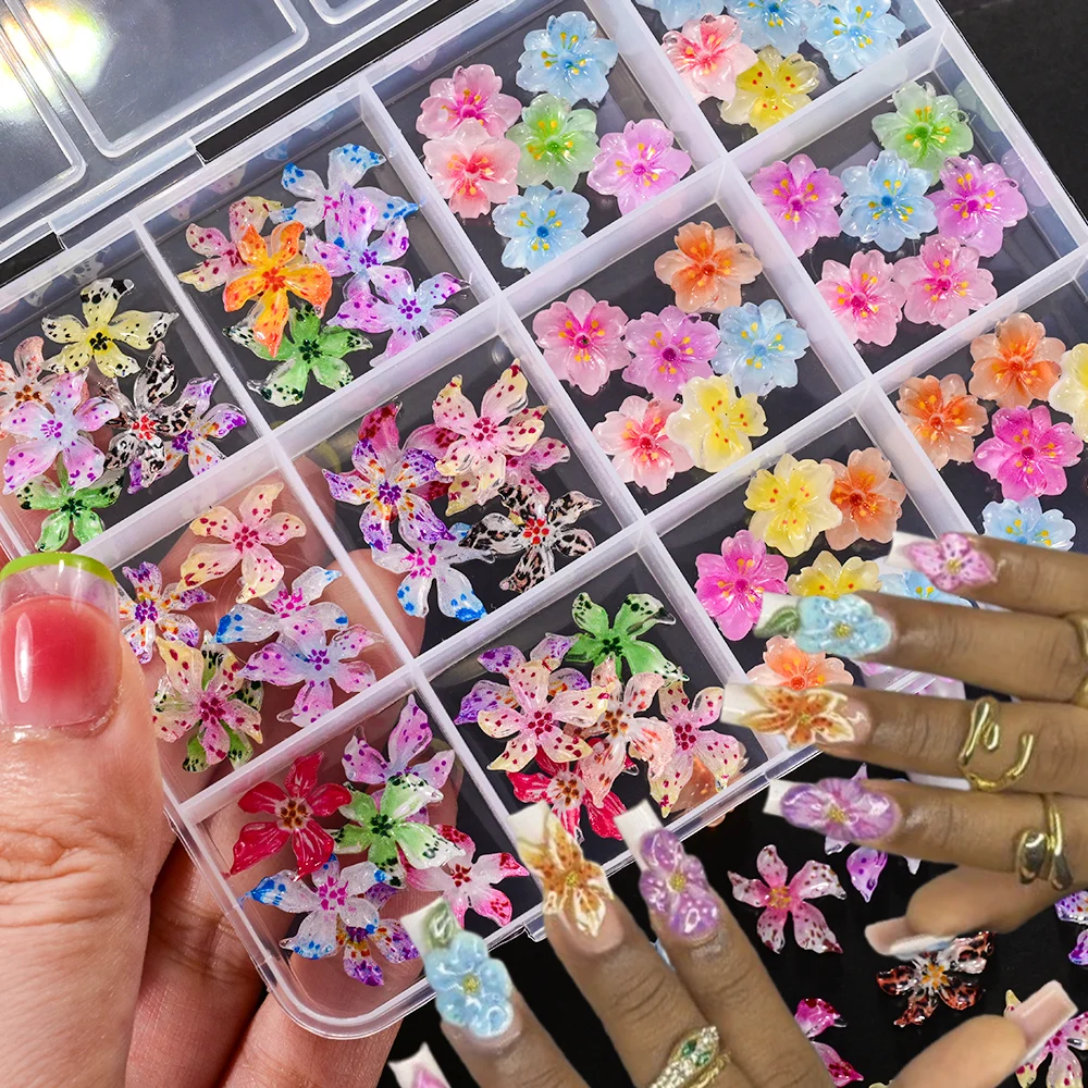

12Grids 3D Mixed Lily&Sakura Flower Nail Art Charms Colorufl Spotted Hibiscus Floral Nails Decorations DIY Manicure Accessories