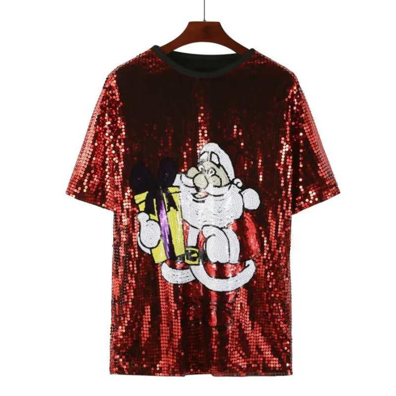 #0237 Red Funny Shinny Long T Shirt Women Christmas Sequined T Shirt Short Sleeve Loose Streetwear Womens Tee Shirts Hip Hop