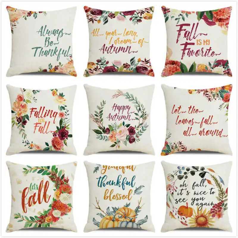 

Fall Thanksgiving Pillowcases 45x45 cm Watercolor Pumpkin Florals Wreath Throw Pillow Cover Farmhouse Home Decor Cushion Cover