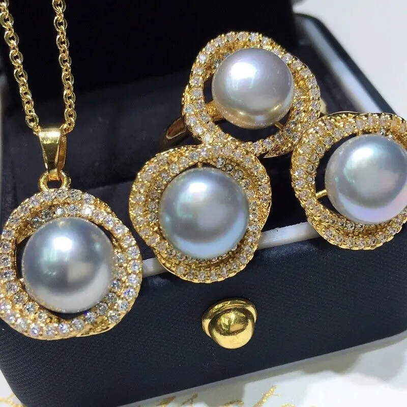 Gorgeous AAAAA 8-9mm south sea Gray Stud pearl pendant earring ring set 925s