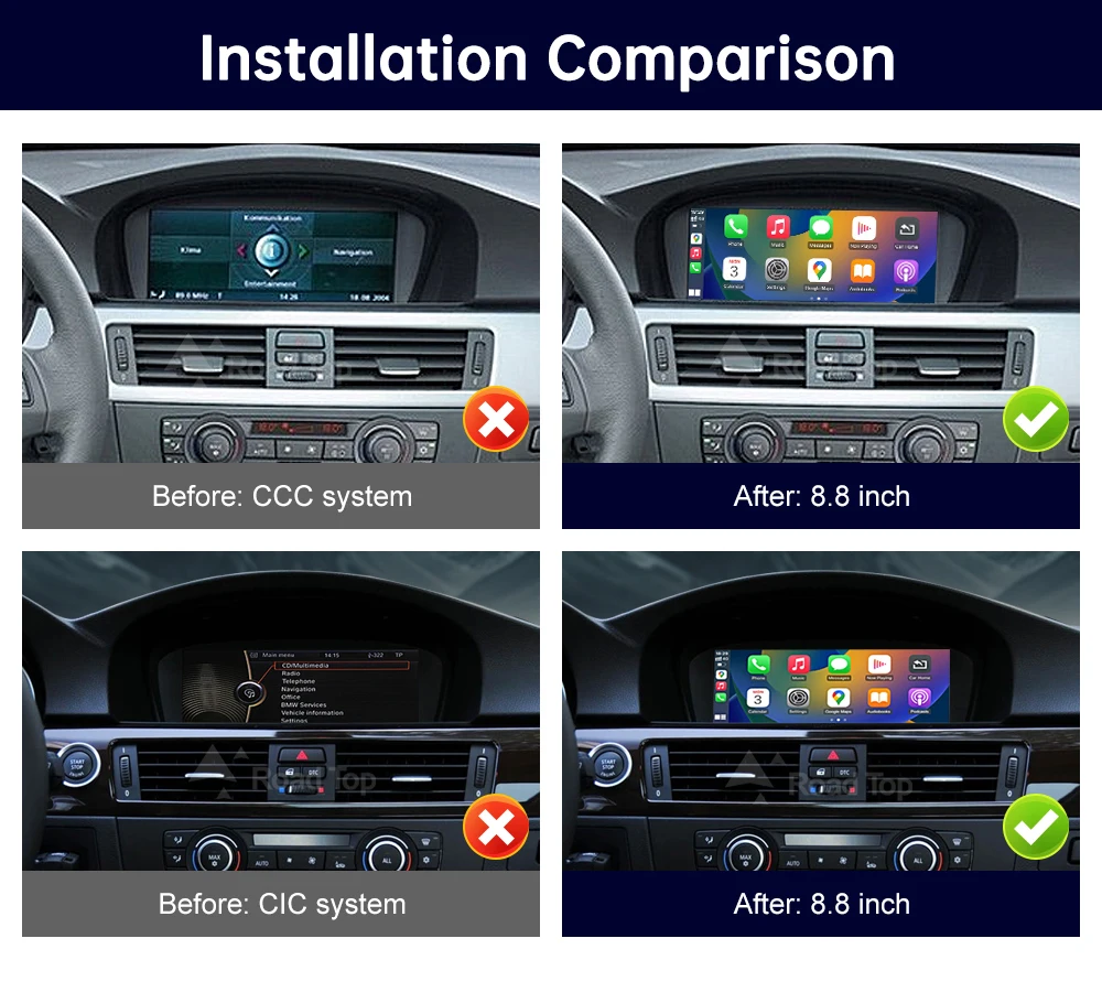 Road Top Wireless CarPlay Touchscreen für BMW 3er/5er Serie E90/E91/E92/E93 E60 E61 E62 CCC/CIC Multimedia Autoradio Android Auto – Detail 2