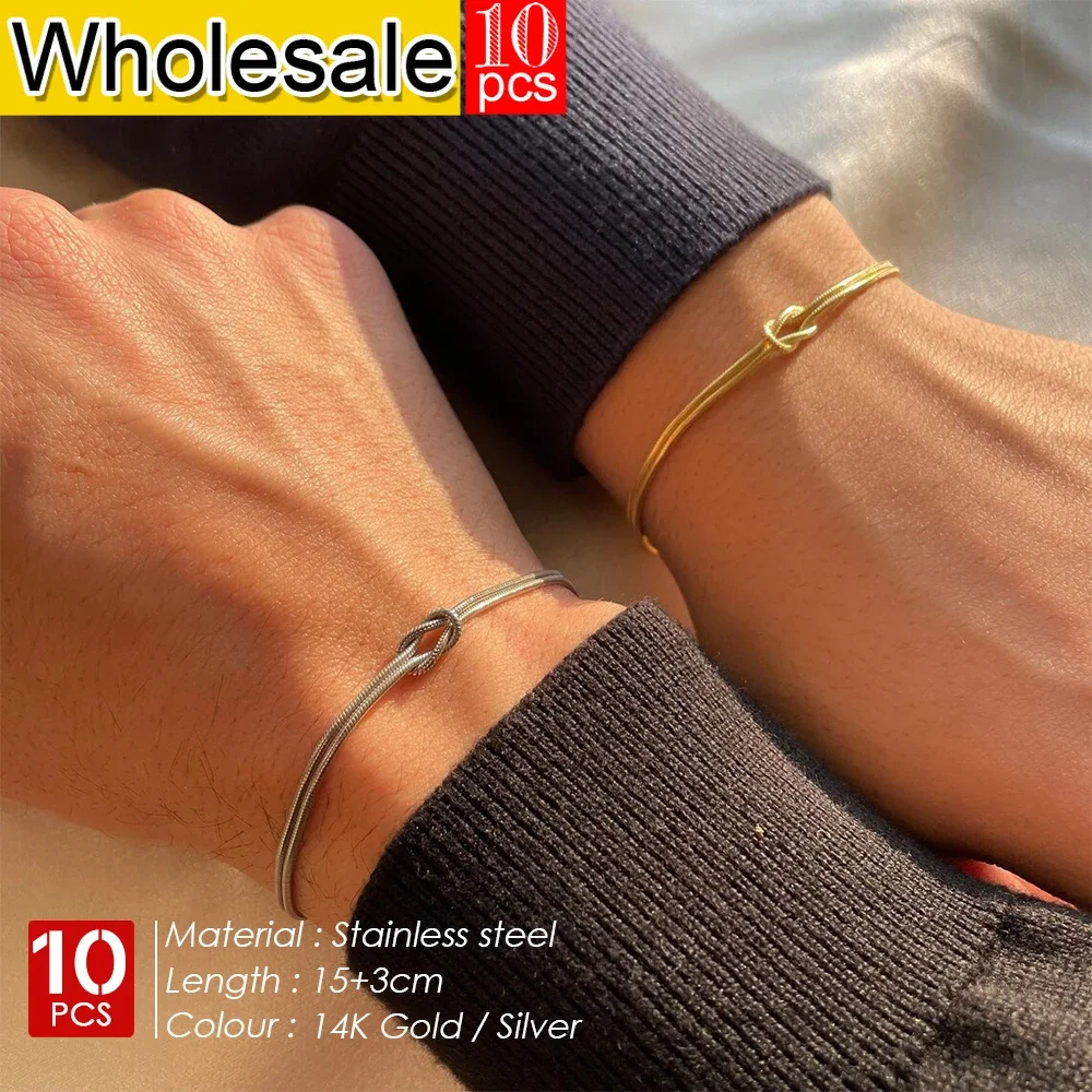 10PCS Couple Bracelet High Quality Stainless Steel Gold Plated Chain Classic Round Snake Chain Knotting Simple Accessories