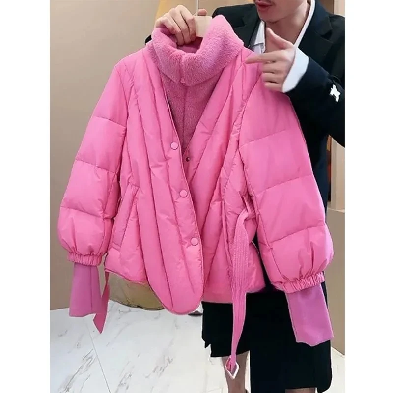 2023 Winter Womens 90% White Duck Down Version of Chic Jackets Solid Belt Puffer Coat Short Female Warm Long Sleeve Parka