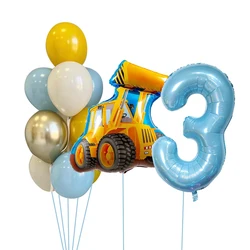 13pcs/set Construction Tractor Vehicle Balloon with Blue Number Balloon for Boys' Construction Happy Birthday Party Decoration