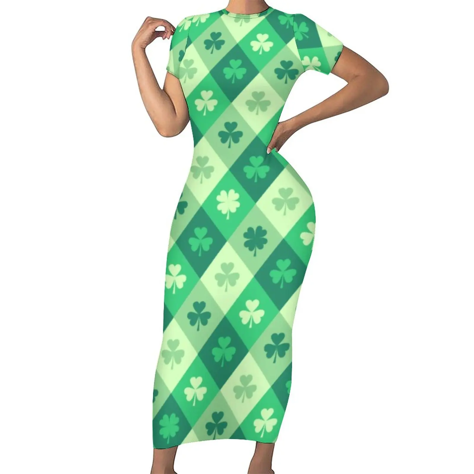 Green Shamrock Dress Short Sleeve Lucky Saint Patricks Day Korean Fashion Maxi Dresses Sexy Bodycon Dress Women Graphic Vestido