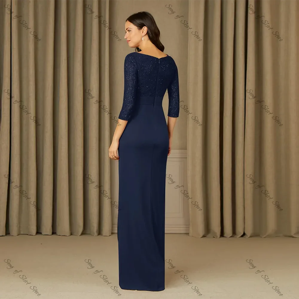 Customized Navy Blue Mermaid Mother Of The Bride Dress Lace Appliques Ruffles Three Quarter Side Split Long Wedding Party Gowns