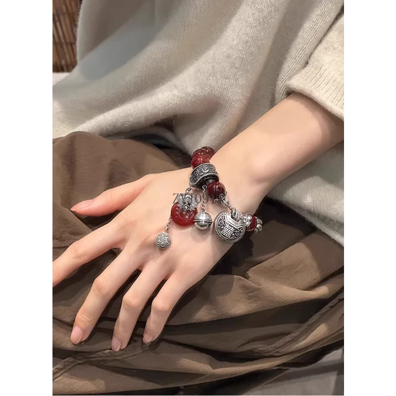 Pulseira de fivela de segurança de contas de ágata feminina retro luz luxo estilo nacional pulseira temperamento