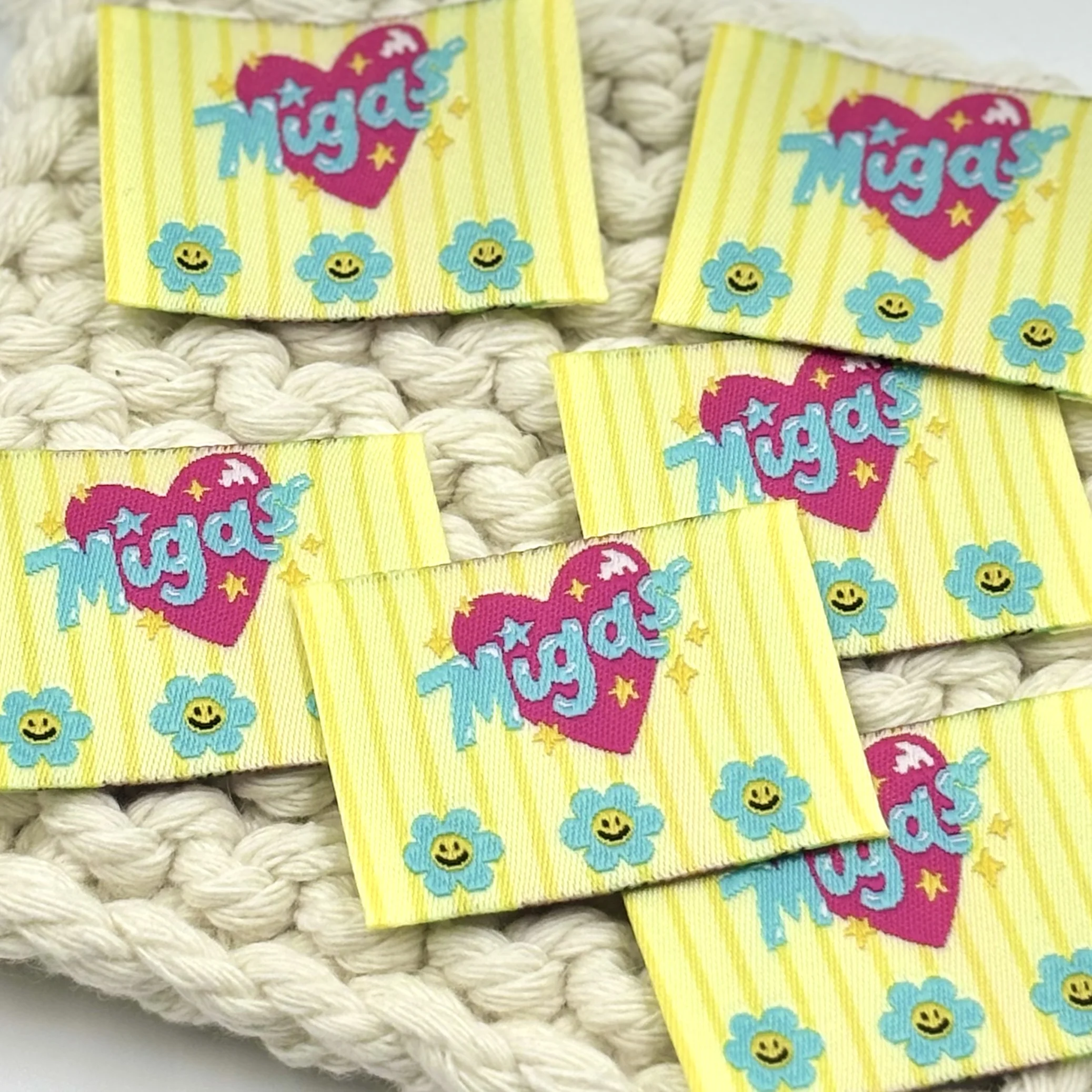 

Тканая этикетка-летняя дофаминная любовь сердце солнце хлопок улыбка в полоску DIY аксессуары для одежды ремесла шитье ручной работы