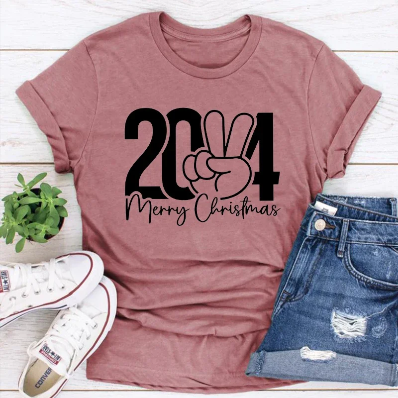 2024 Christmas T Shirt Vintage Merry Christmas Shirt Women Happy New Year Women Clothing Harajuku Tops M