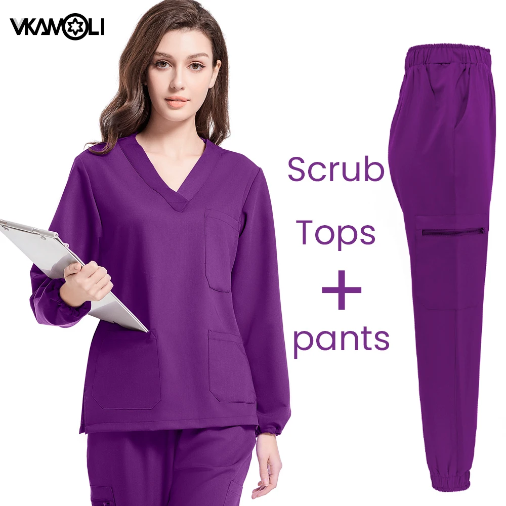 Tinta unita tessuto elastico a maniche lunghe scrub top scrub pantaloni jogger farmacia dentale laboratorio sala operatoria uniforme da lavoro