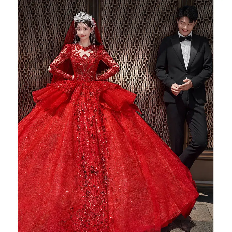 

Stunning Red Wedding Dress Saudi Arabia Bridal Gowns Illuison Sheer with Applique Beading Sequins Lace-up Back Long Sleeves