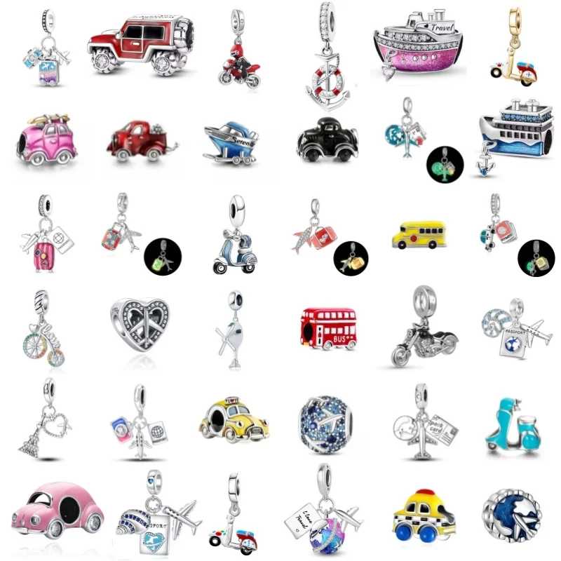 

s925 Silver Black Motorcycle Car Shiny Bicycle Charm Ship Beads Aircraft Pendant Fit Original Bracelet Women Jewelry Accessories