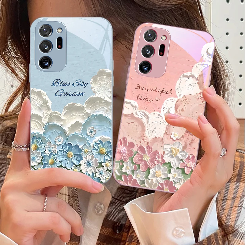

Oil Painting Flower Blue For Samsung Galaxy Note 8 9 10 PRO 20 Ultra A01 02 03 Core 04E 4G 12 13 5G Tempering Glass Phone Case