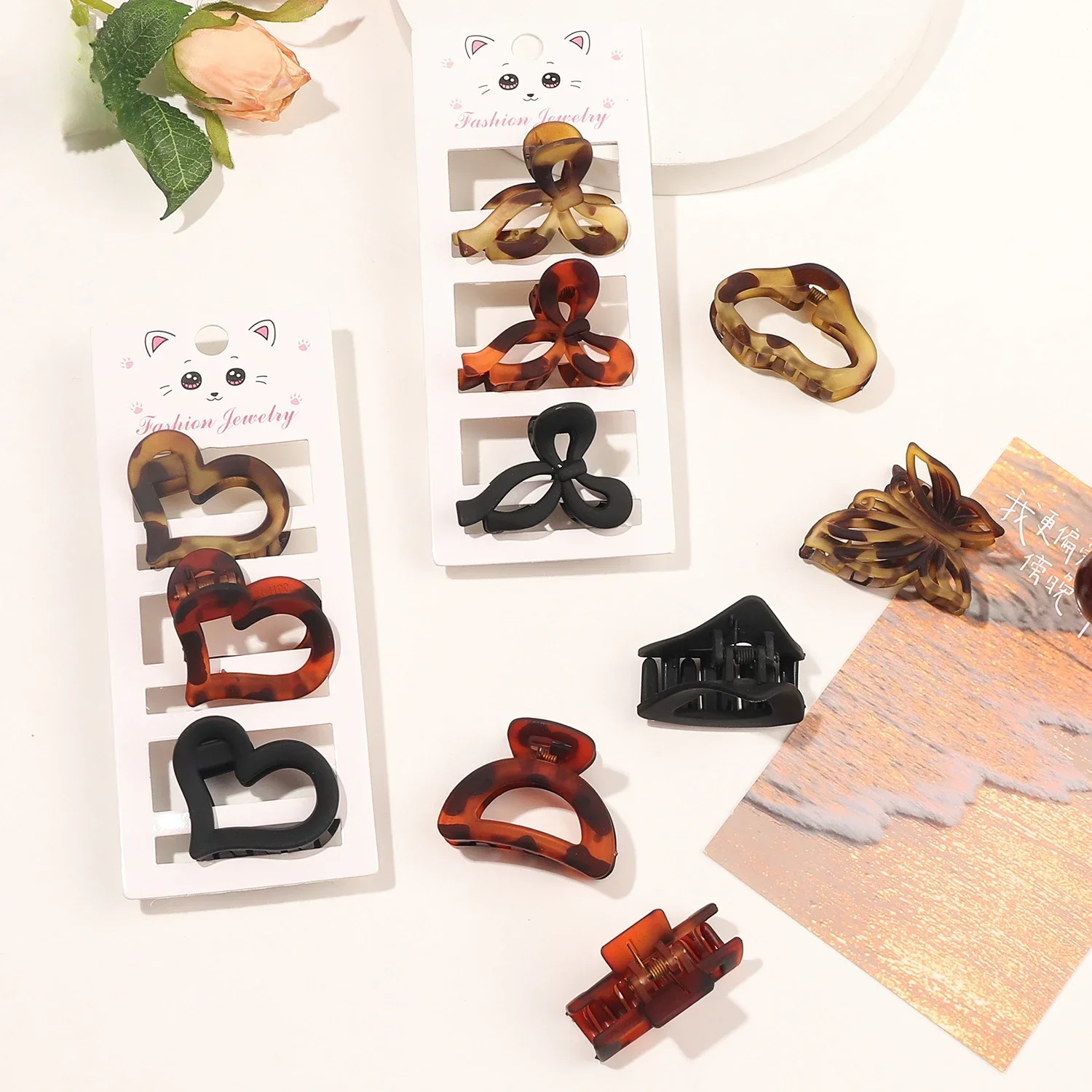 3Pcs Small Hair Claw Acrylic Leopard Print Ponytail Clip Flower Love Heart Hair Clamp Fashion Sweet Women Girls Hair Accessories