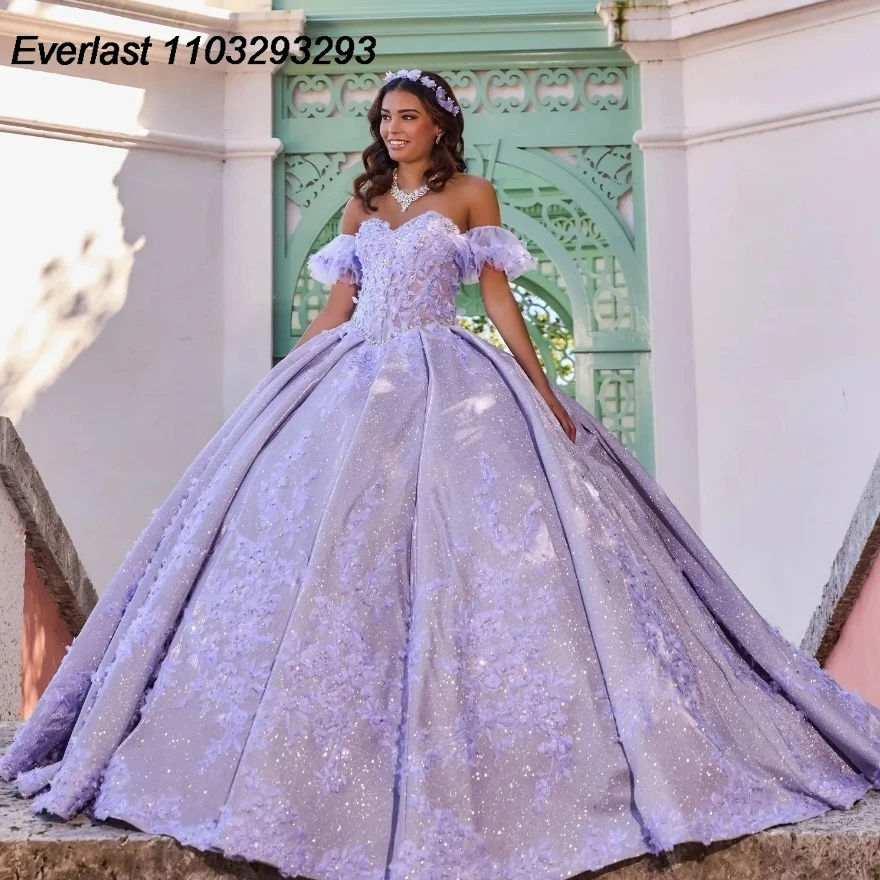 

EVLAST Lavender 2024 Quinceanera Dress Ball Gown 3D Floral Applique Beading Mexican Corset Sweet 16 Vestido 15 De XV Años TQD183