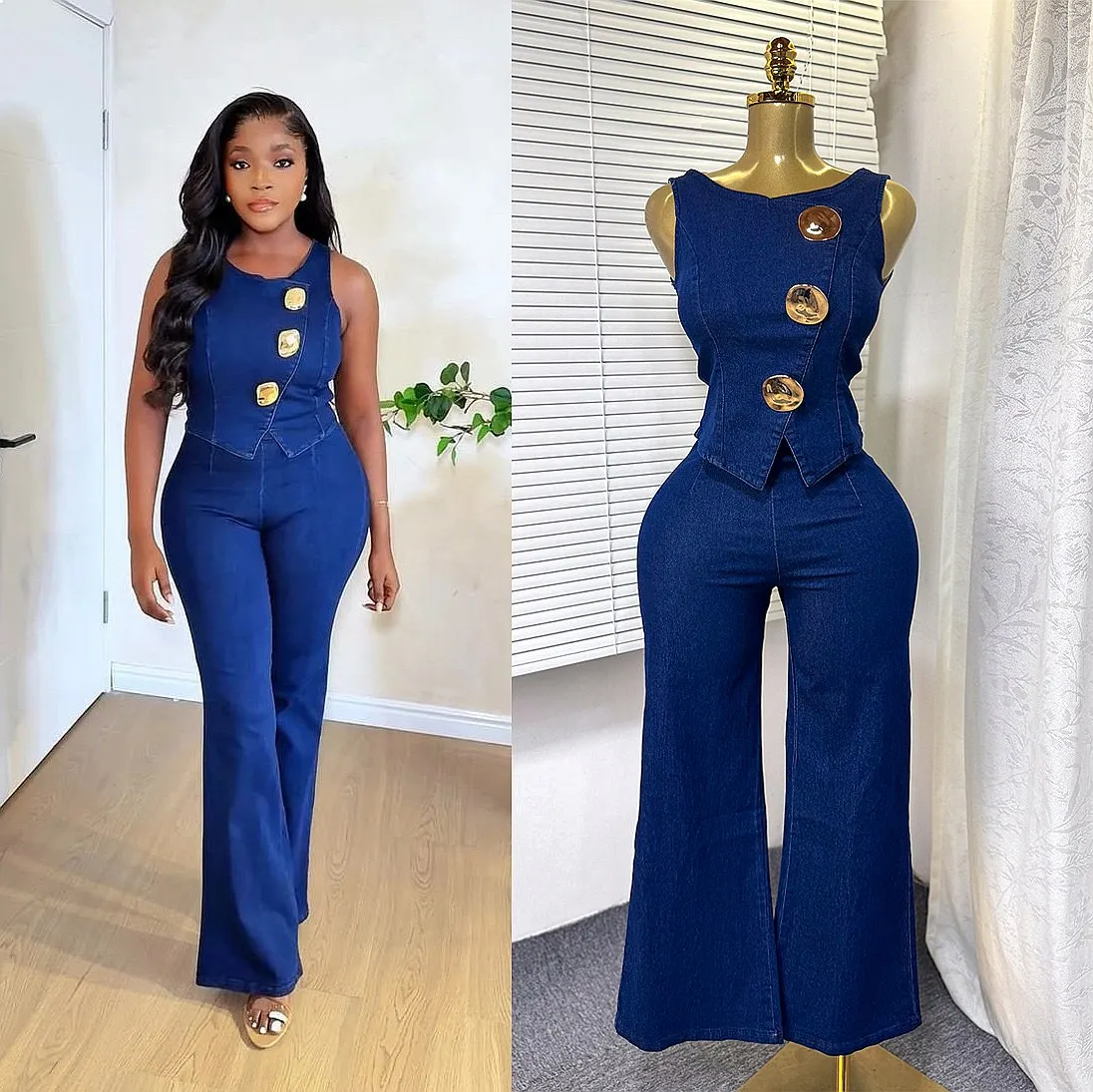 Metal Button Sleeveless Vest Blouse Top + High Waist Wide Leg Jeans Pants Matching Set Jumpsuit Playsuit