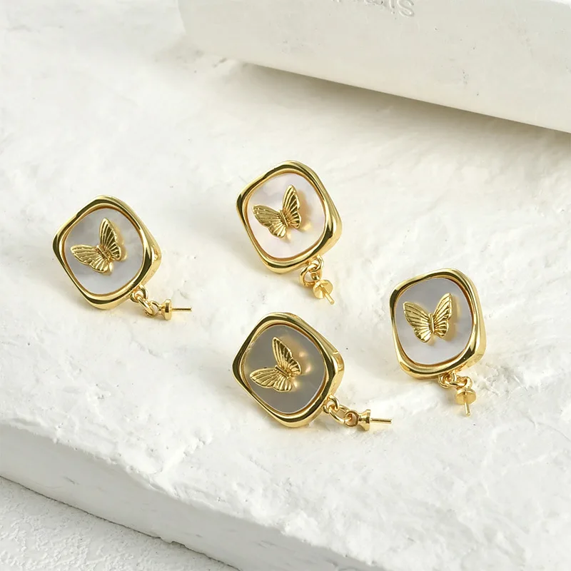 

Copper Plated 14K Real Gold Color Retention Butterfly Shell Square Stud Earrings DIY Handmade Pearl Earrings Material Accessorie