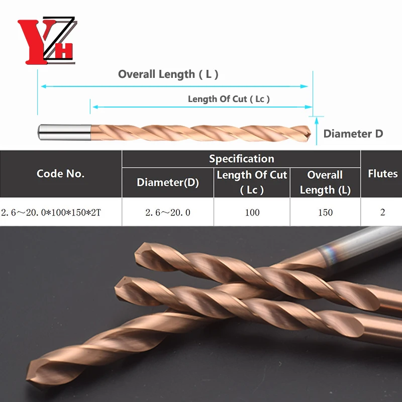 YZH 150L Carbide Twist Drill Diameter D2.6-D20 Solid Tungsten Bits HRC55 CNC Straight Handle Drilling Hole For Metal Iron Steel