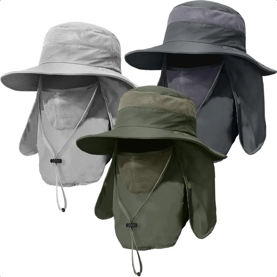 

3 Pack Mens Outdoor Wide Brim Fishing HatUPF 50+ Sun Protection Cap with Face Neck Flap for Hiking Garden