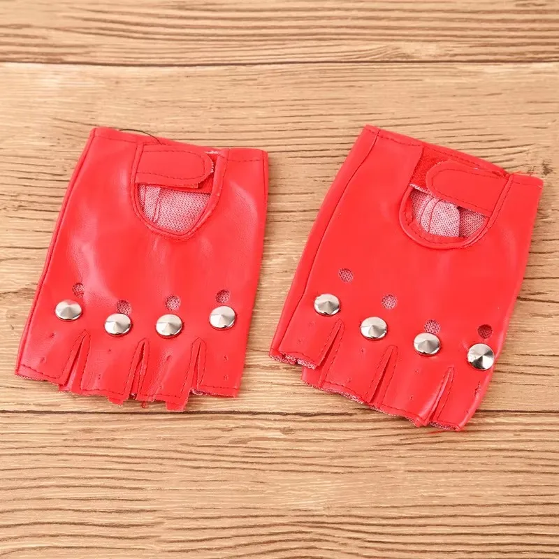 Lovely Halloween Party Children/Adult Silver Rivets Gloves Half Finger PU Leather Glove Punk Thin Sports Fitness Black Glove G45