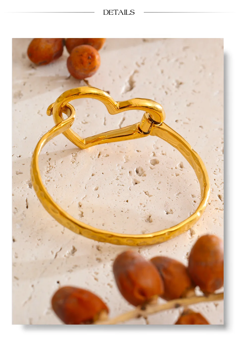 Yhpup 60 mm Edelstahl-Armband mit hohlem Herz und Liebesmotiv, hochwertige Textur, bezaubernder goldfarbener Schmuck, PVD-beschichtet – Detail 7