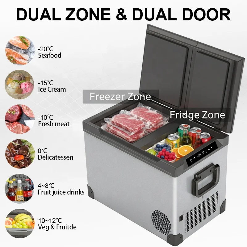 FNE 12V 32L Car Fridge Cooler Compressor Cooling Metal Dual Zone Camping Portable Refrigerator Freezer