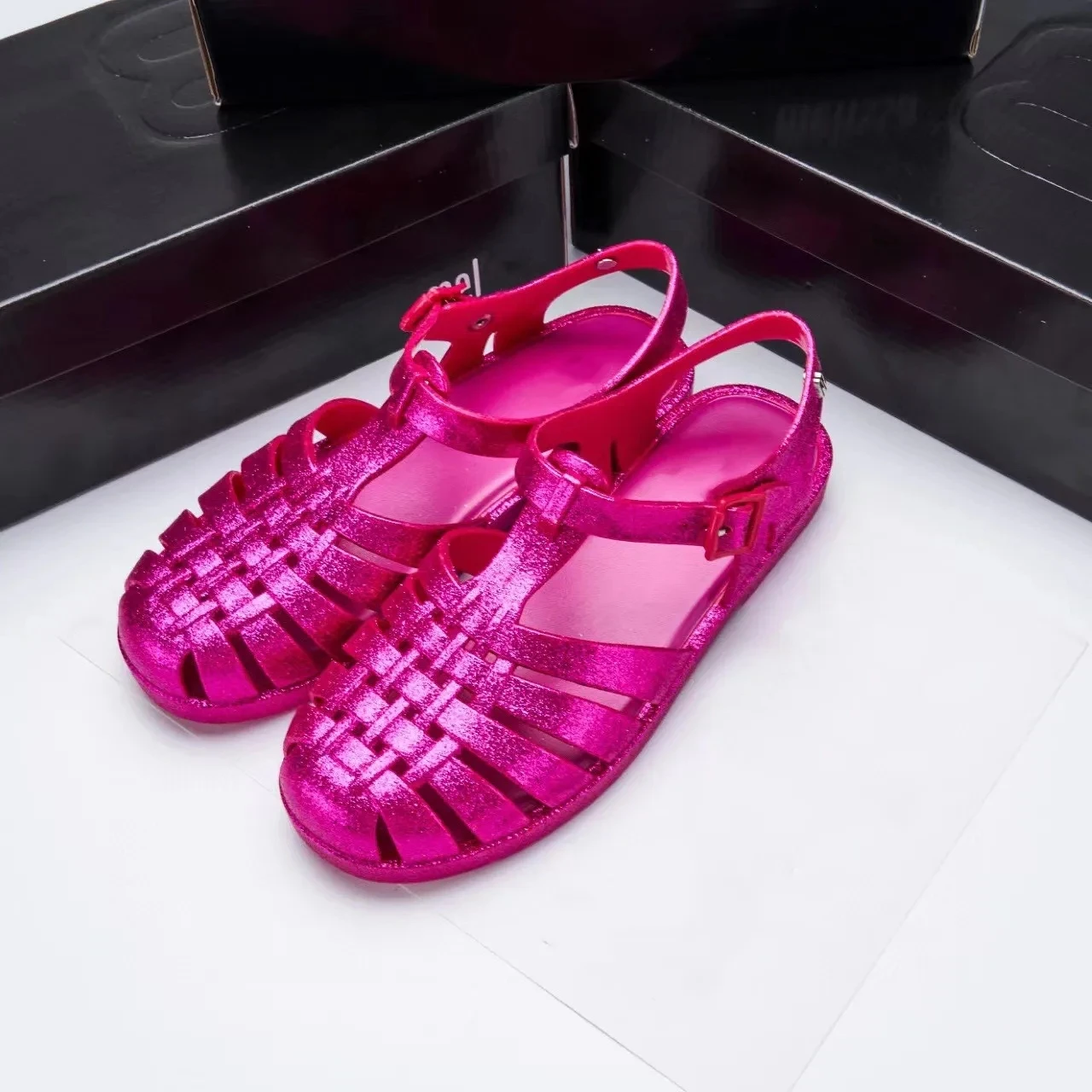 2024 New Color Women Roman Sandals Female Sparkle Braided Head Hollow Retro Ladies Jelly Shoe Simple Beach Classical Style