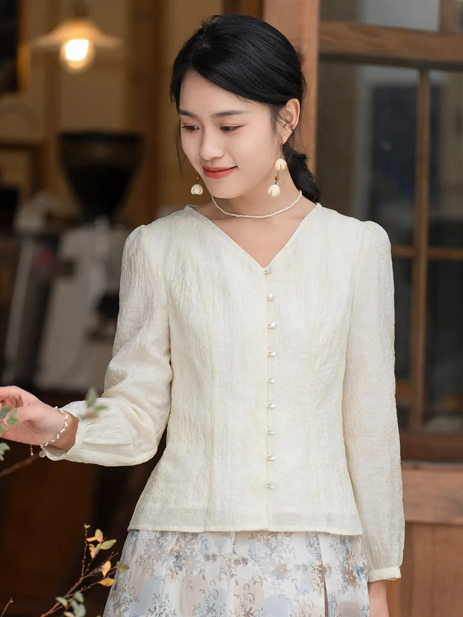 

Ele V-Ne Long Sve irt Women's Commute Sle Slim Fit Artistic Versatile Top New Spring Arrival Simple Design