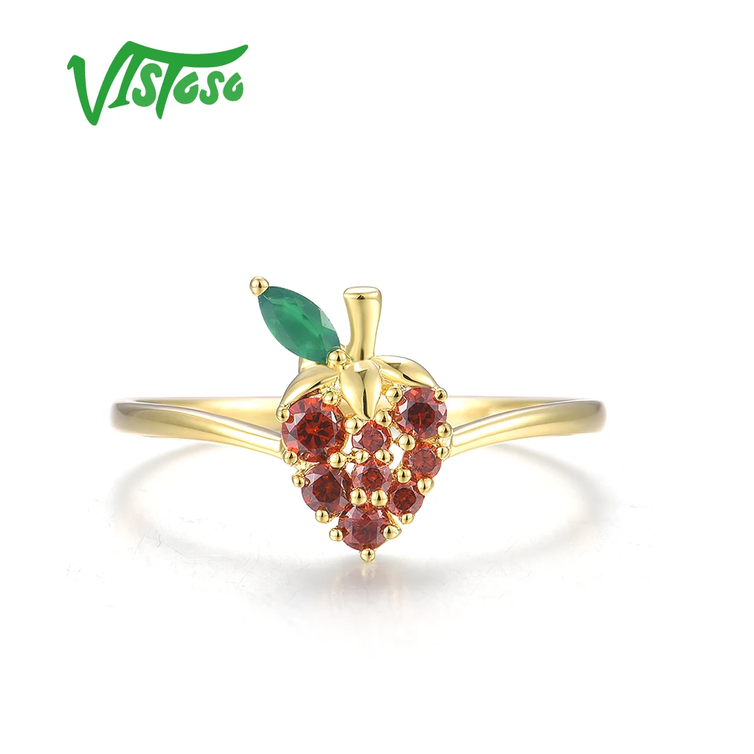 VISTOSO Real 14K 585 Yellow Gold Ring For Women Sparkling Diamonds Garnet Cute Strawberry Simple Daily Wearing Fine Jewelry