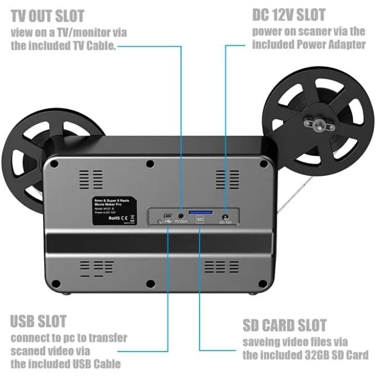 8mm & Super 8 Film zu Digital Konverter, konvertieren Sie 3 "5" 7 "9" Rollen in 1080p digitale MP4-Dateien, teilen und speichern Sie auf 32GB SD-Karte