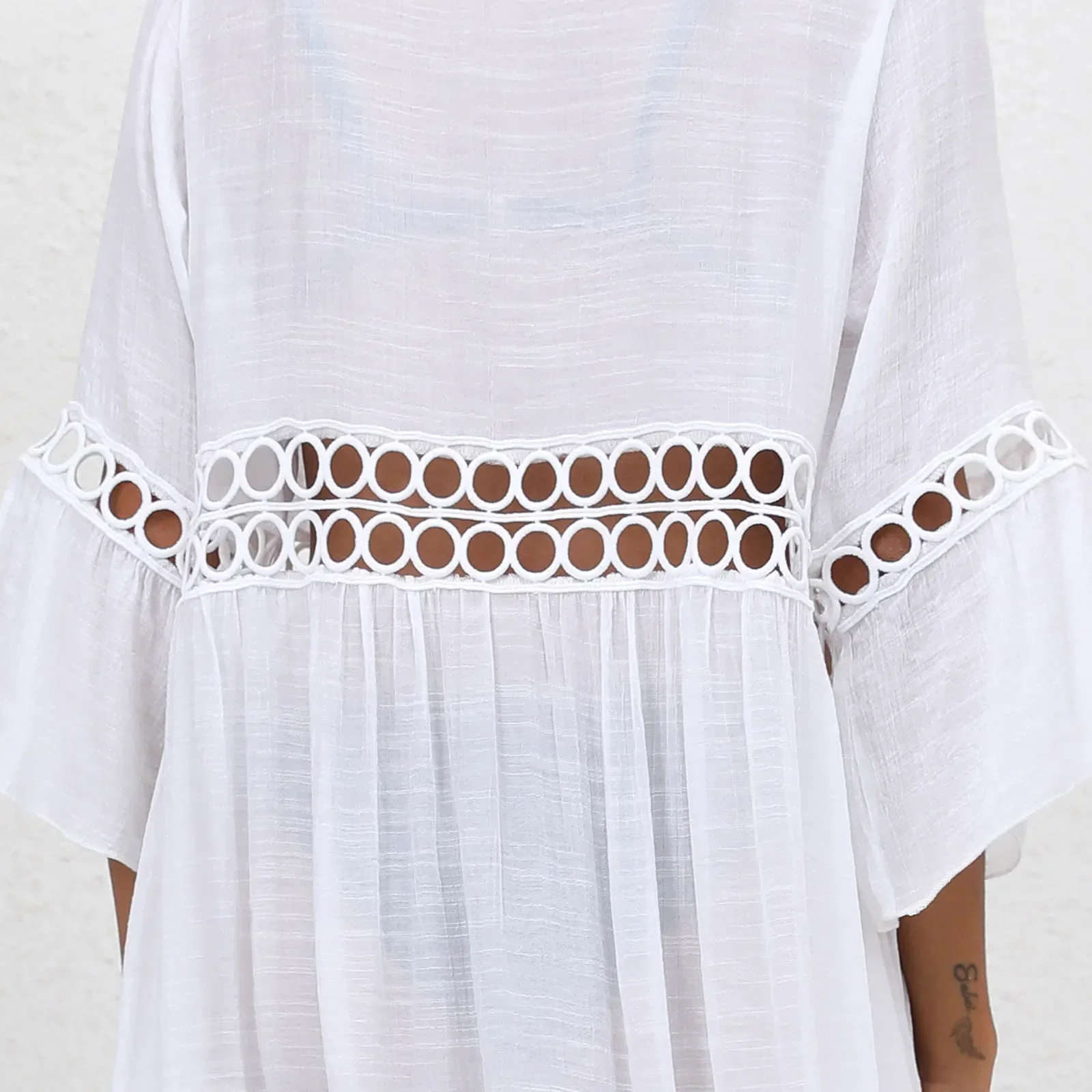 Blusa tipo pareo de Bikini para mujer, cárdigan holgado de manga 3/4 con empalme de encaje y protector solar, traje de baño caliente, bata para exteriores, traje de baño