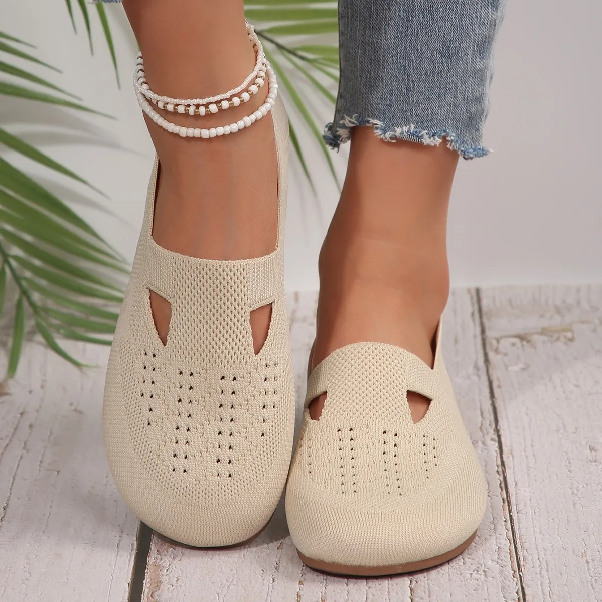 Loafers Autumn Casual Shoes Women Flat Heel Square Toe Hollow-out Sneakers Barefoot Shoes Moccasin Female Knitted Flats