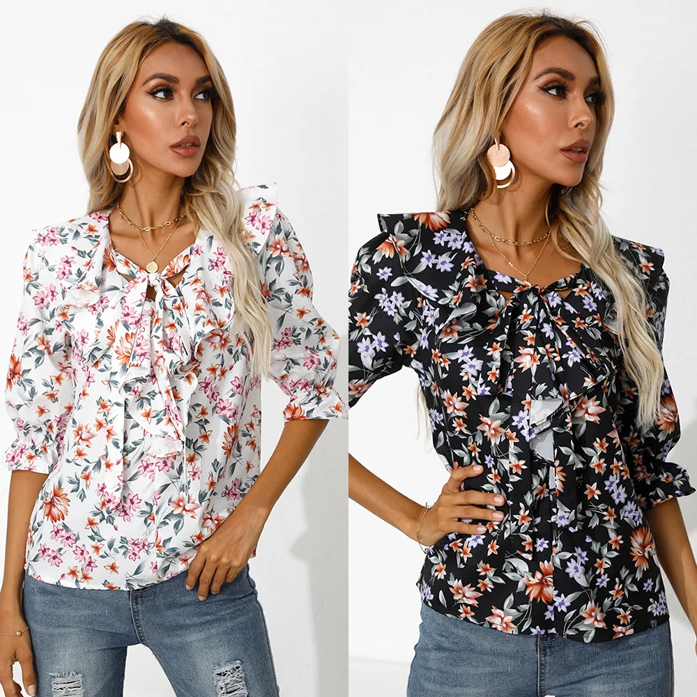 Spring 2024 Women's V-Ne Printed irt Five-Quarter Sve Cotton Elastic Fabric Straight Cut European Sle Faion irt
