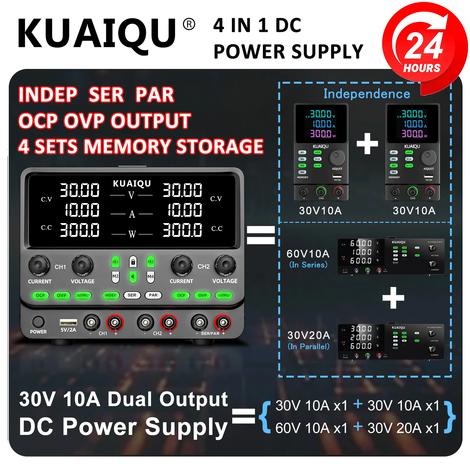 

KUAIQU 4 in 1 3-Channel Bench Power Supply Adjustable Indep Series Parallel OCP OVP Output Switch 4 Sets Memory Negative Voltage