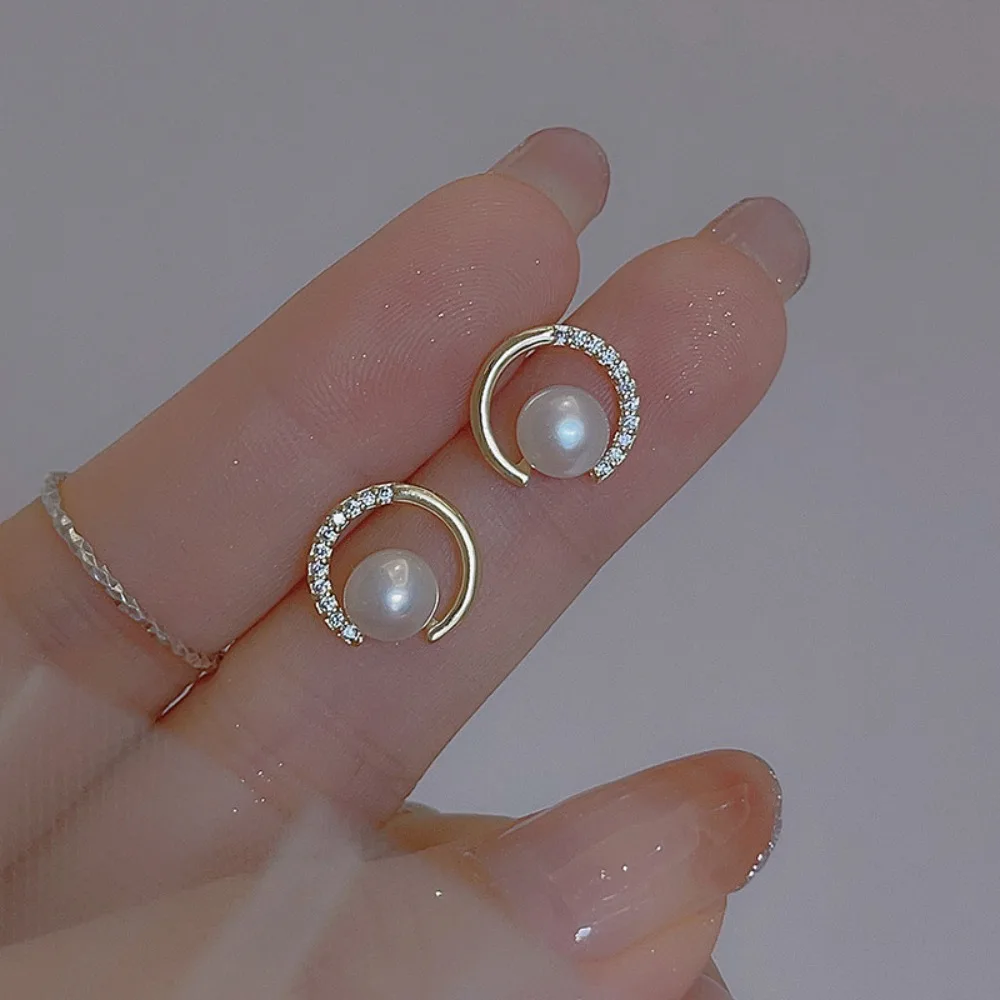 الكورية رائعة 925 فضة تألق مايكرو مطعمة الزركون قوس على شكل اللؤلؤ وأقراط للنساء العصرية مجوهرات Charm #5