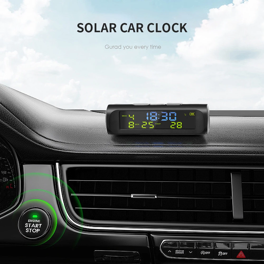 Solar Car Digital Car Clock Wireless Temperature Backlight with LCD Time Date Dashboard Indoor Temp Display