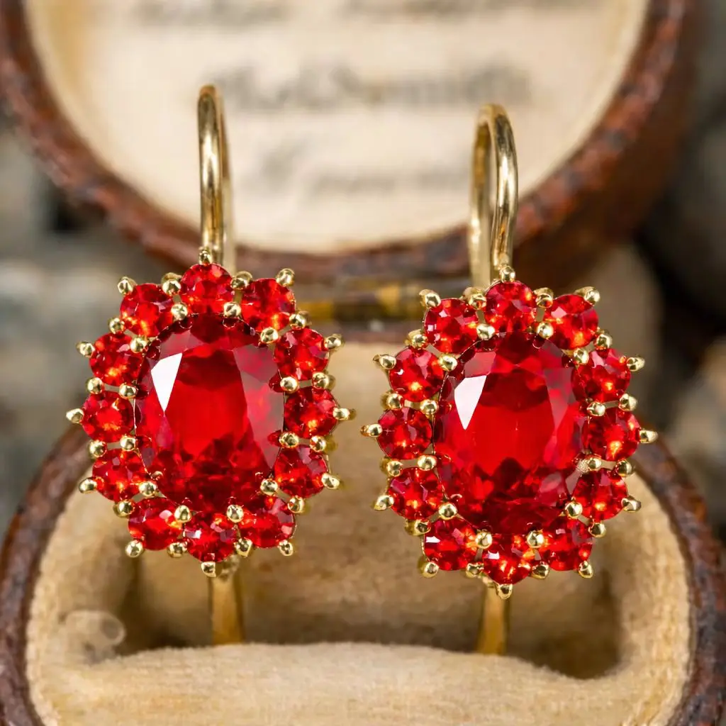 Luxury Halo-set Synthetic Ruby Women Earrings Copper Material Women Jewelry Earrings For Banquet And Daily