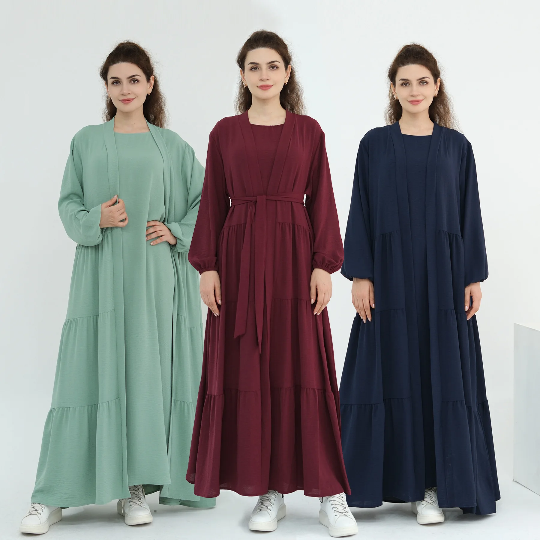 Muslim Women 2 Piece Set Eid Women Abaya Dress Lace-up Ramadan Vestidos Largos Party Caftan Jalabiya Kaftan Long Robe 2026 2