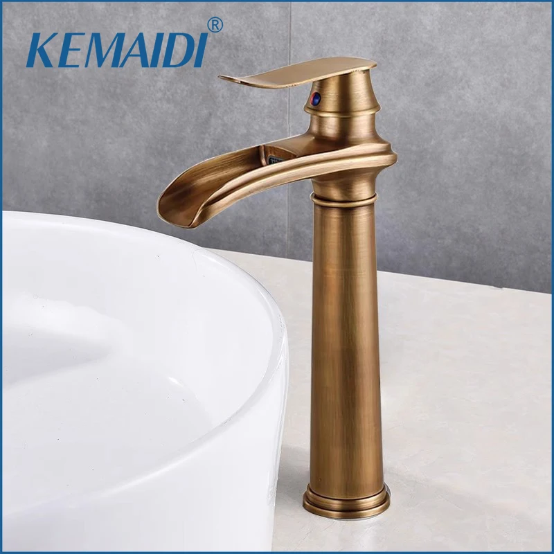 

KEMAIDI Antique Brass Bathroom Basin Sink Faucet Waterfall Hot Cold Mixer Tap Single Handle Basin Faucets Deck Mounted Tap Black