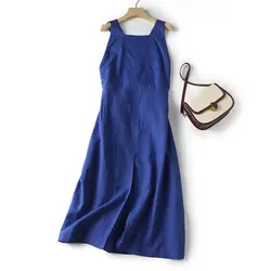 Maxdutti 2023 Fashion Dress Women Office Lady Summer Beach Dress Fashion Linen Tank Backless Treasure Blue Party