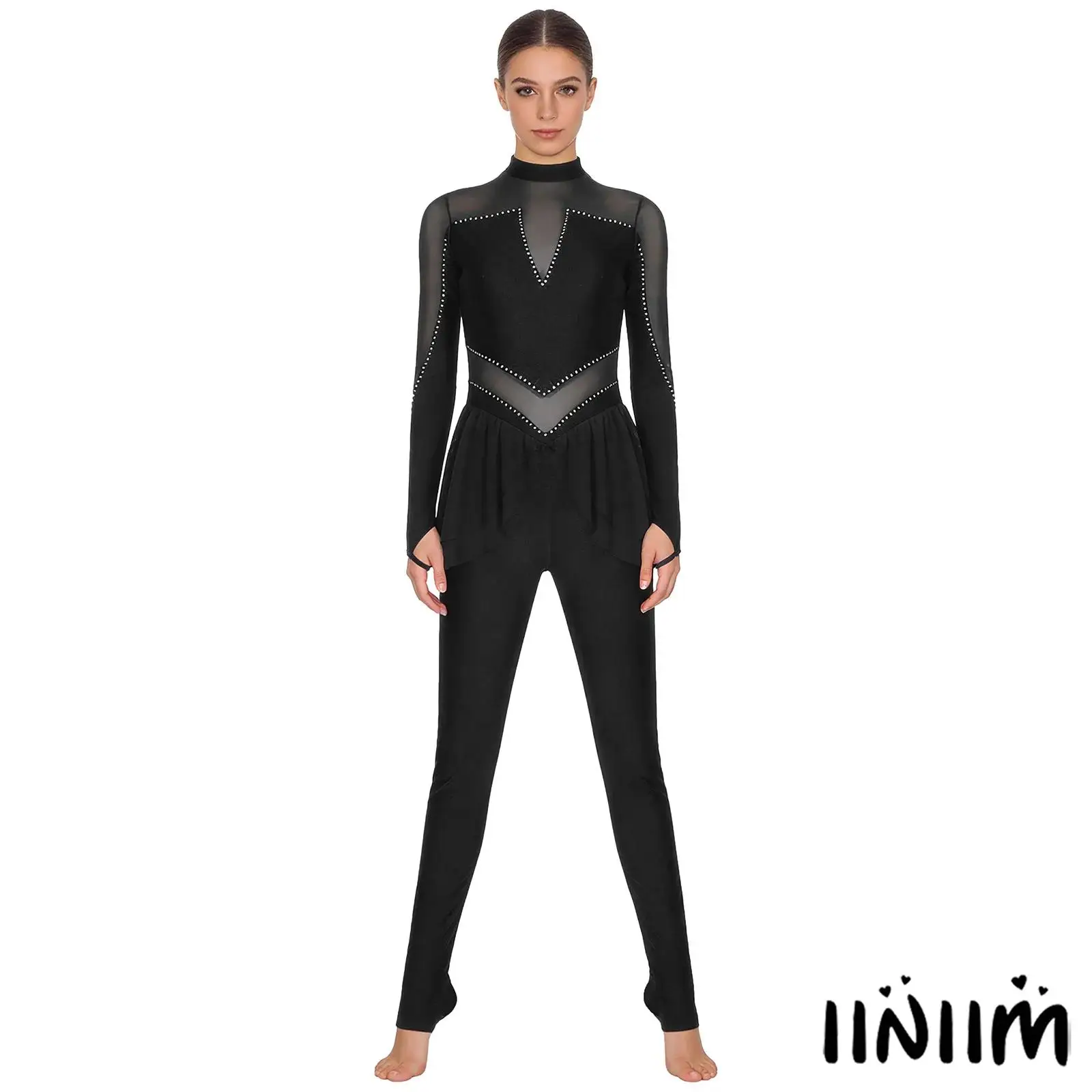 Dames kunstschaats jumpsuit pure mesh patchwork glanzende strass yoga legging met lange mouwen unitard voor gymnastiek dans