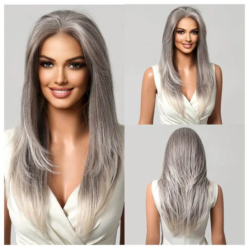 

20 Inch Straight Platinum Dark Ash Wig Preplucked Natural Hairline Wig For Women Middle Part Wig Cosplay Daily Use Synthetic Wig