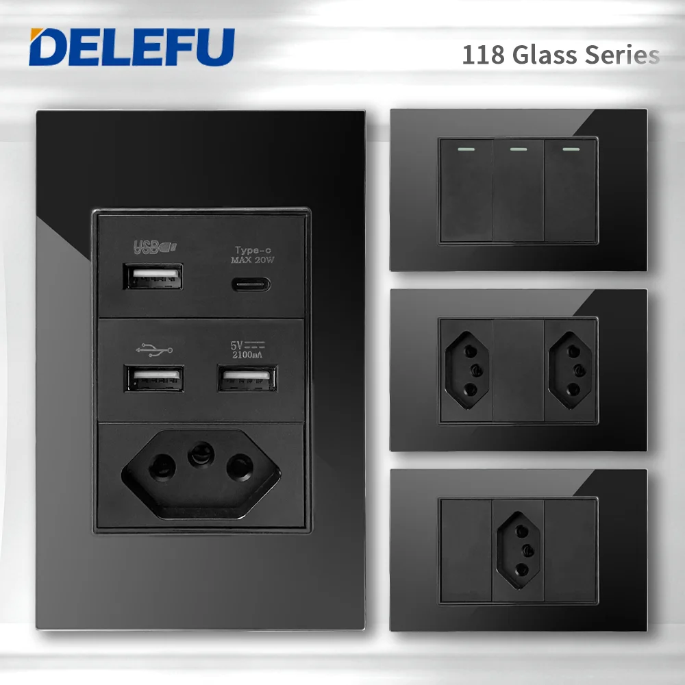 DELEFU 4*2 Preto Vidro Temperado Brasil Tomada Padrão Dual Usb Tipo C Tomada de Parede Interruptor Luz Suíça paralelos 10A 20A Carga rápida  20W satélite TV Cat5 Cat6 telefone