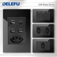 DELEFU 4*2 vidrio templado negro Brasil salida estándar Dual Usb tipo C enchufe de pared interruptor de luz Suiza 10A 20A