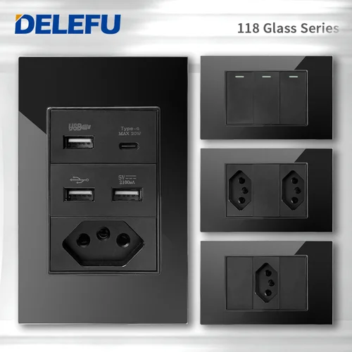 DELEFU 4*2 vidrio templado negro Brasil salida estándar Dual Usb tipo C enchufe de pared interruptor de luz Suiza 10A 20A