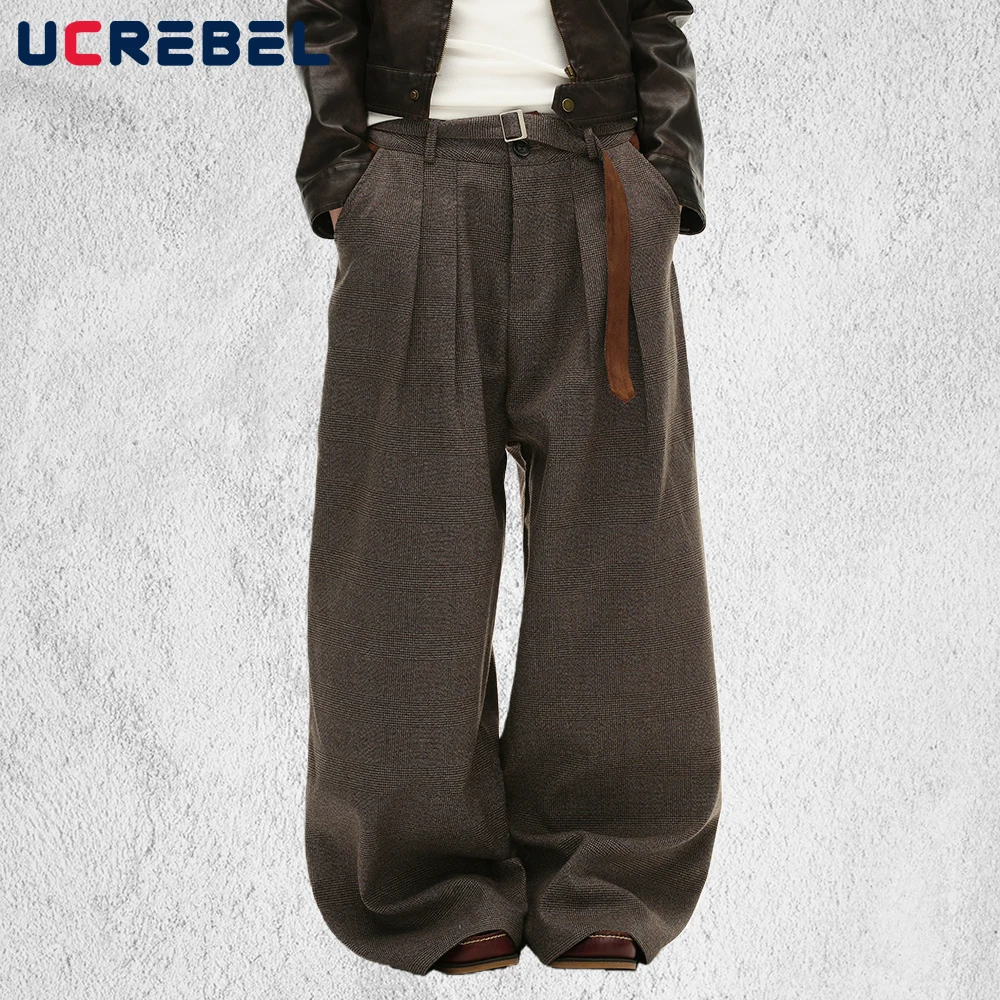 

Костюмные брюки с узором «гусиные лапки», мужские лоскутные осенне-зимние ретро уличные плиссированные мешковатые широкие повседневные брюки, мужские