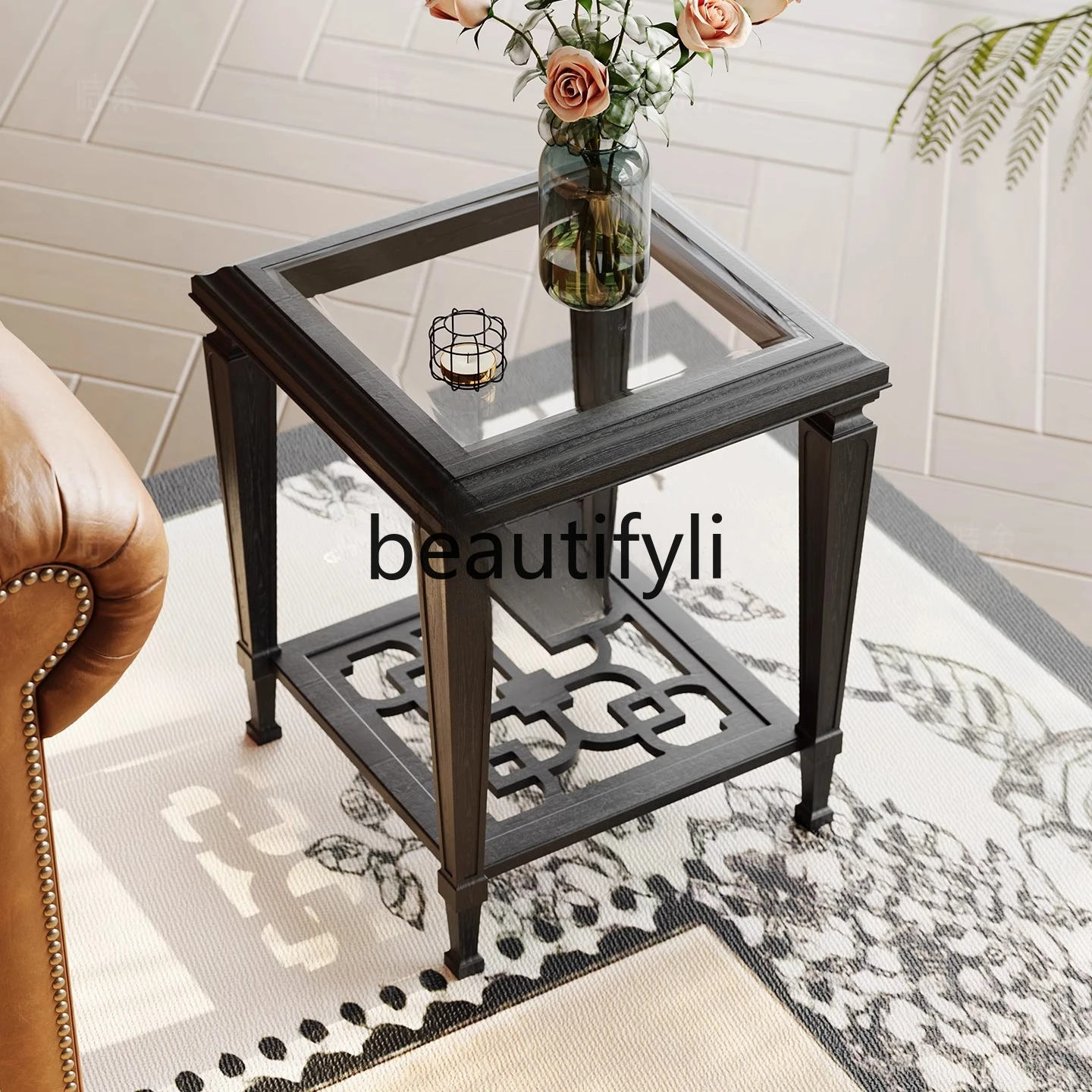 

American Style Corner Table Vintage Solid Wood Square Table Living Room French Retro Square Glass Side Table
