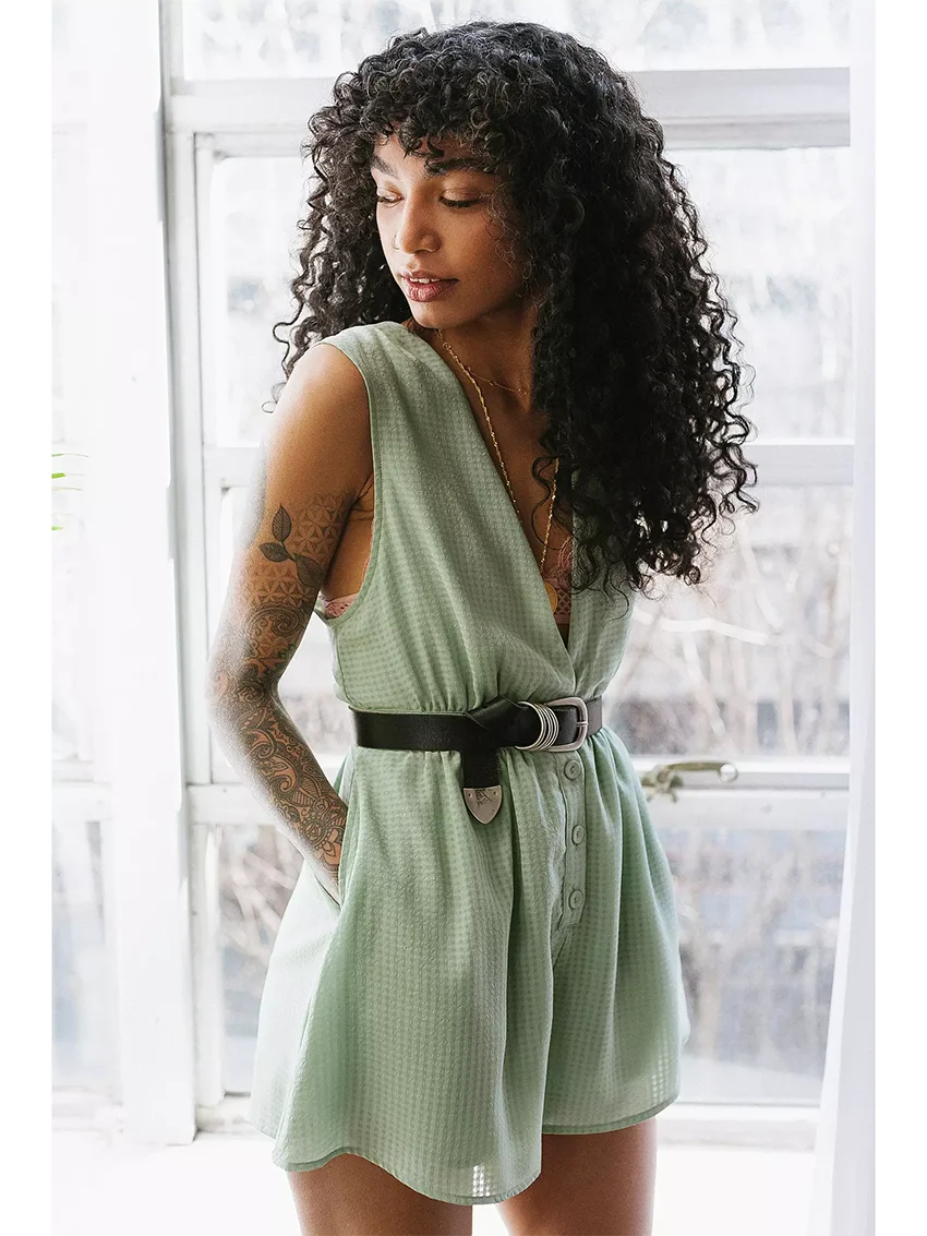 

Original Design Plaid Chiffon Deep V Buttoned Jumpsuit Waist-Cinched V-ne Vest Skirt Pants High Waist Wide Leg Summer Outfit