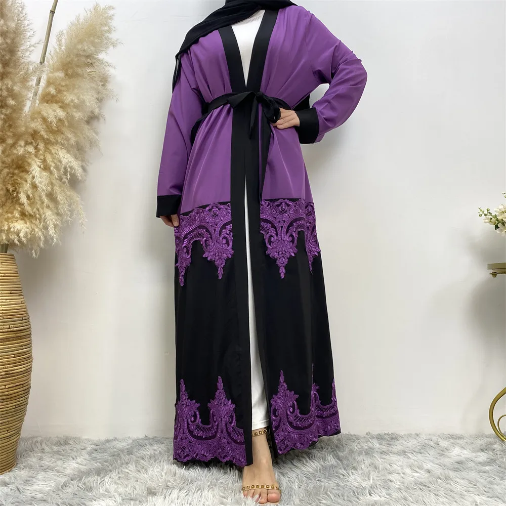 Fashion Muslim Dubai Women\'s Robes 2023 Muslim New fashion lace cut-out patchwork Cardigan Turkish Islamic Dress Long African dr